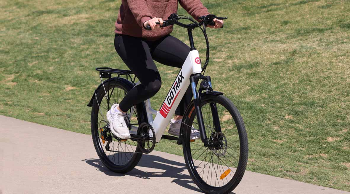 Eine Person fährt auf einer Straße mit einer Wiese im Hintergrund auf einem eBike