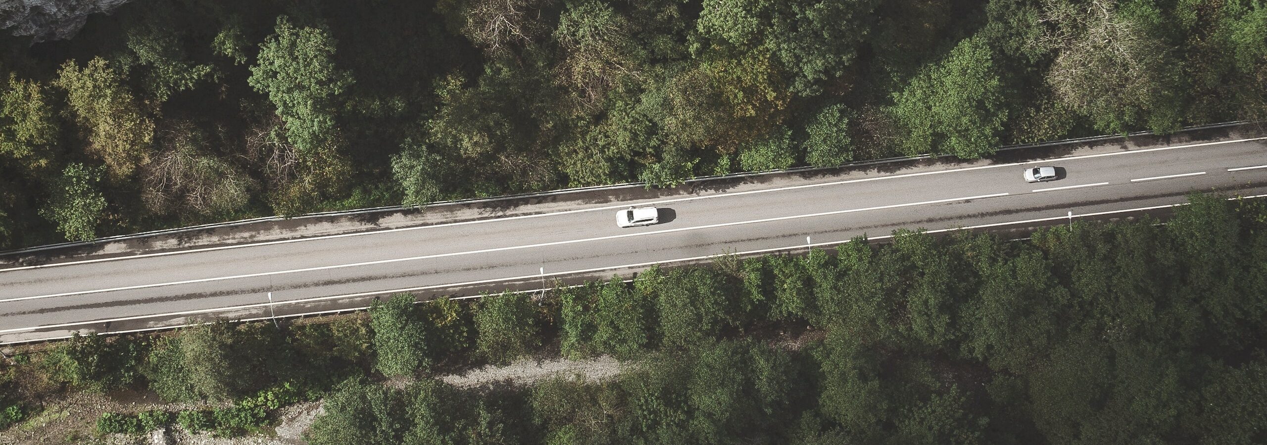 Vogelperspektive eines Autos, das auf einer Straße fährt, links und rechts ist Wald