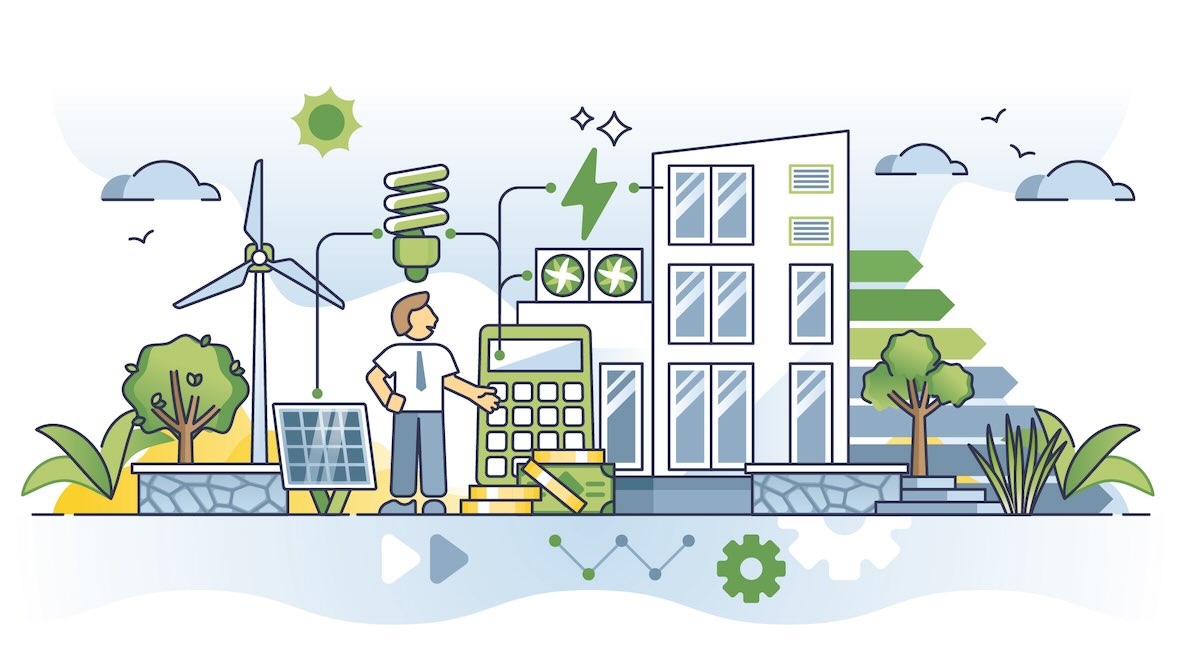 Illustration zur Wärmeplanung mit neuen Energien, z.B. Windrad für Windenergie.